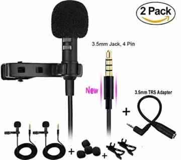 Mikrofon für Smartphone, QUAN BUN Clip-on Omnidirektionaler Kondensator Mini Revers Mic für Samsung Android und Windows ISO Smartphones, mit 3,5 mm TRS Adapter für PC (2 PACK, 1,5 M)