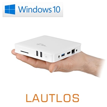 Mini PC – lautlose CSL Narrow Box 4K / Win 10 weiß – Silent-PC mit Intel QuadCore CPU 1840MHz, 32GB SSD, Intel HD, WLAN, USB 3.1, HDMI, SD, Bluetooth, Windows 10