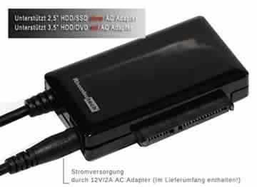 RHOMBUTECH® – AKTIV USB 3.0 zu SATA Adapter – Konverter für 2.5/3.5/5,25 Zoll SATA HDD/SSD/DVD-Laufwerke – USB 3.0 – SATA 3 – mit 12V 2A Netzteil für 3,5/5,25 Zoll HDD/DVD Laufwerke -